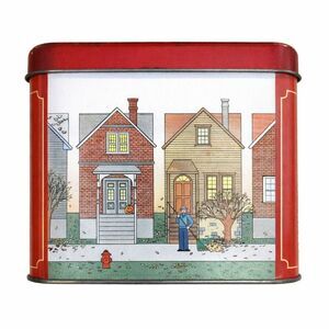 VTG Autumn Neighborhood Tin Box Red Lid Decorative Storage Container Fall Scene